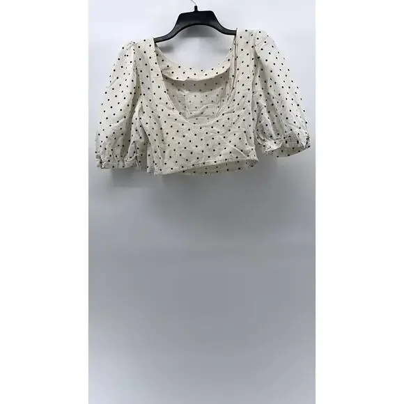 UNBRANDED Women's White-Black Micro Dot Print Balloon Sleeve Cropped Top SZ S - Picture 2 of 9
